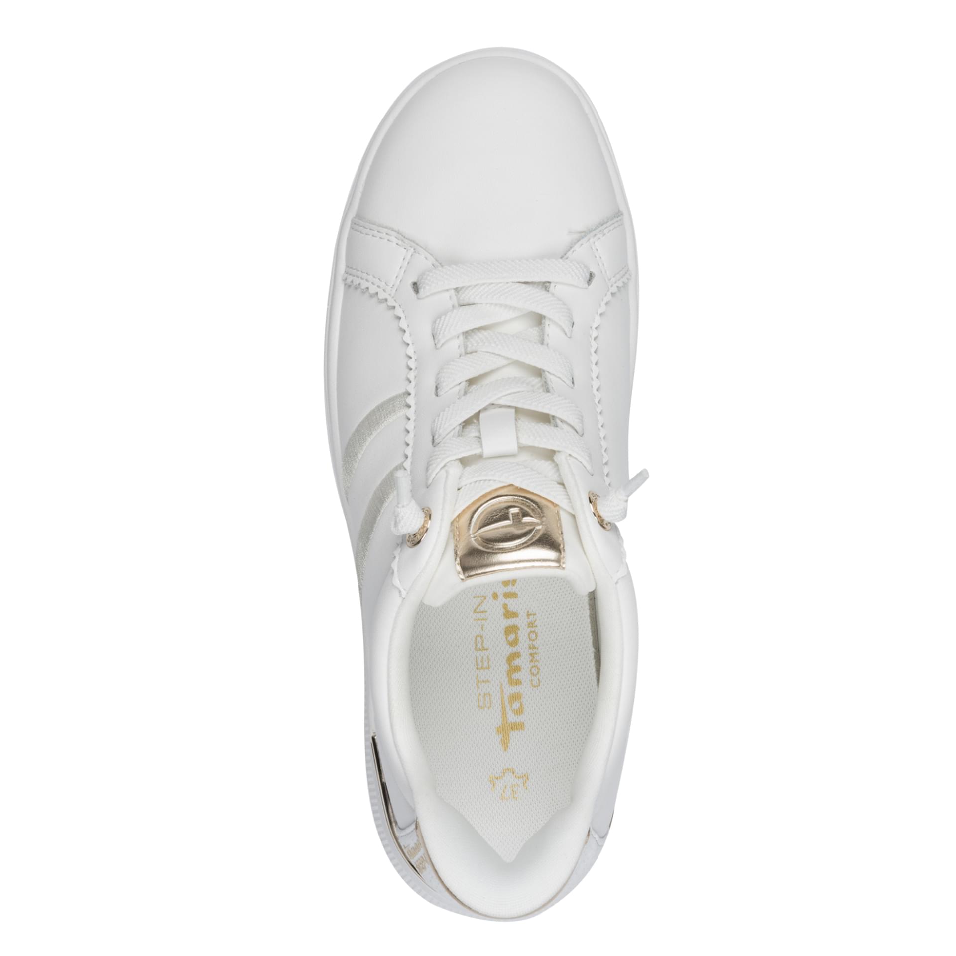 Tamaris Comfort Milly Sneakers in White/Gold, top view (SKU 8-83733-46--196)