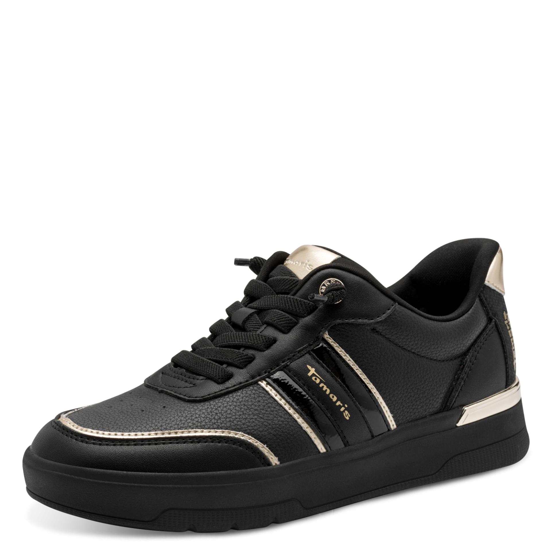 Tamaris Comfort Milly Sneakers in Black/Gold, vue trois-quarts (SKU 8-83739-46--097)