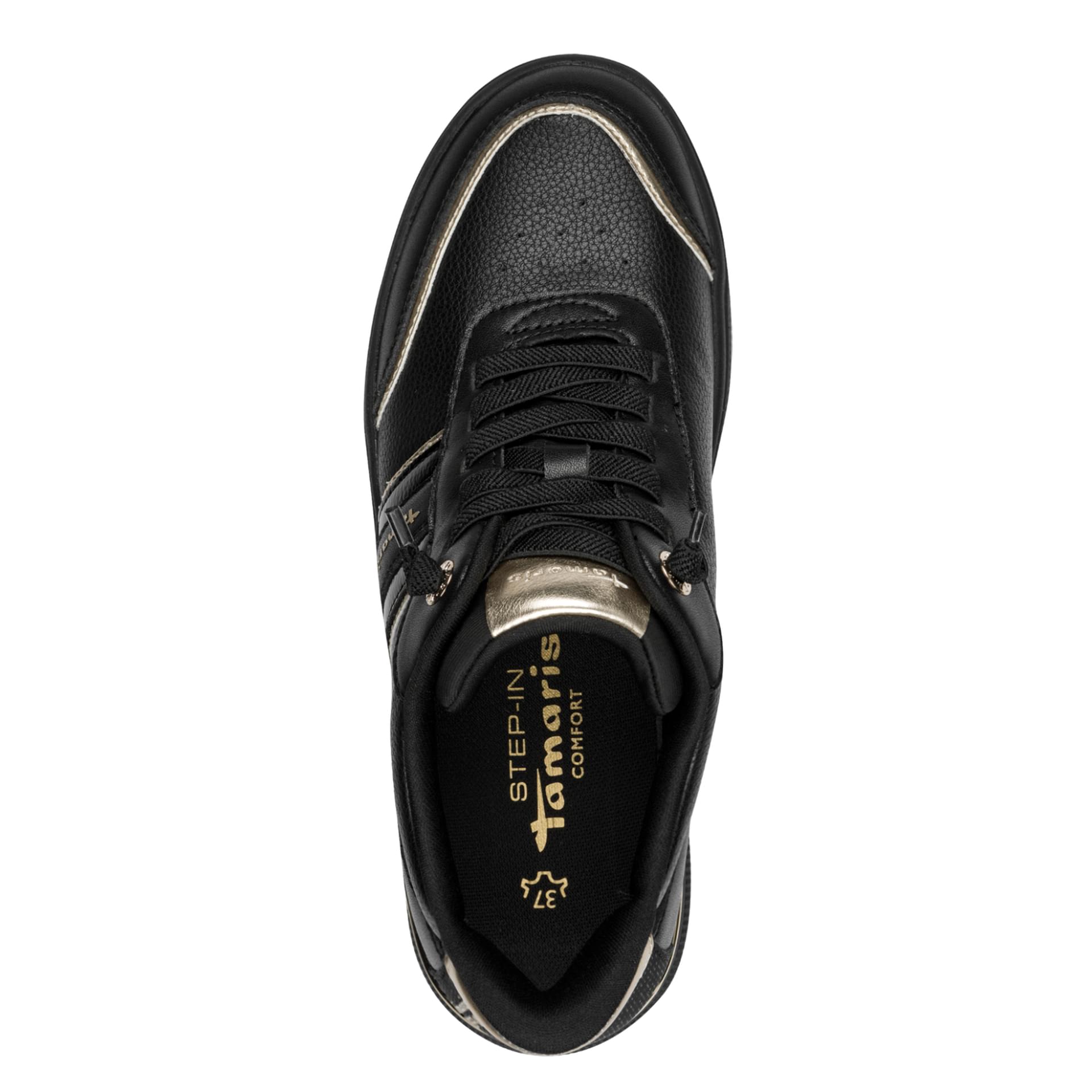 Tamaris Comfort Milly Sneakers in Black/Gold, vue de dessus (SKU 8-83739-46--097)