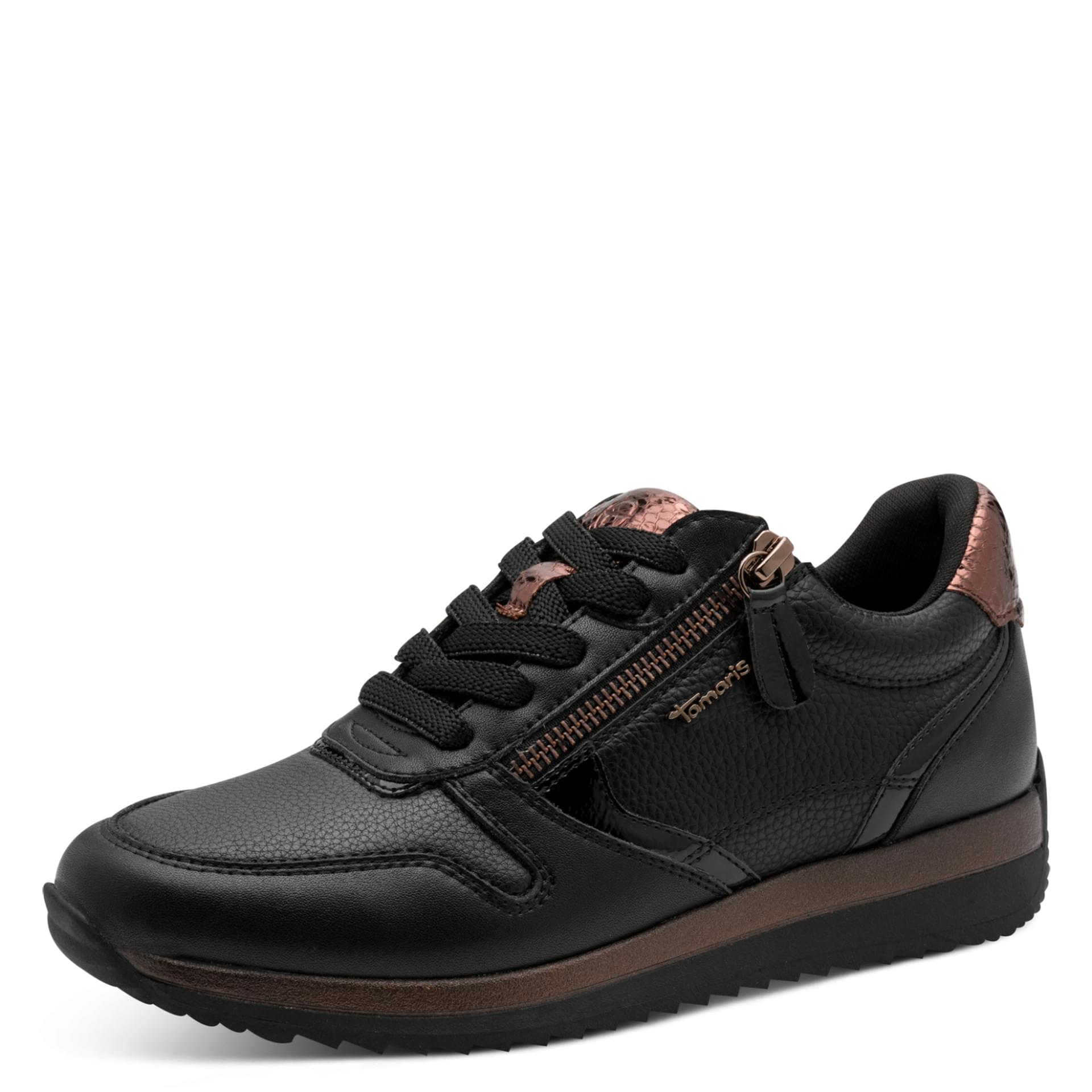 Tamaris Comfort Mona Sneakers in Black/Copper, vue trois-quarts (SKU 8-83734-46--099)