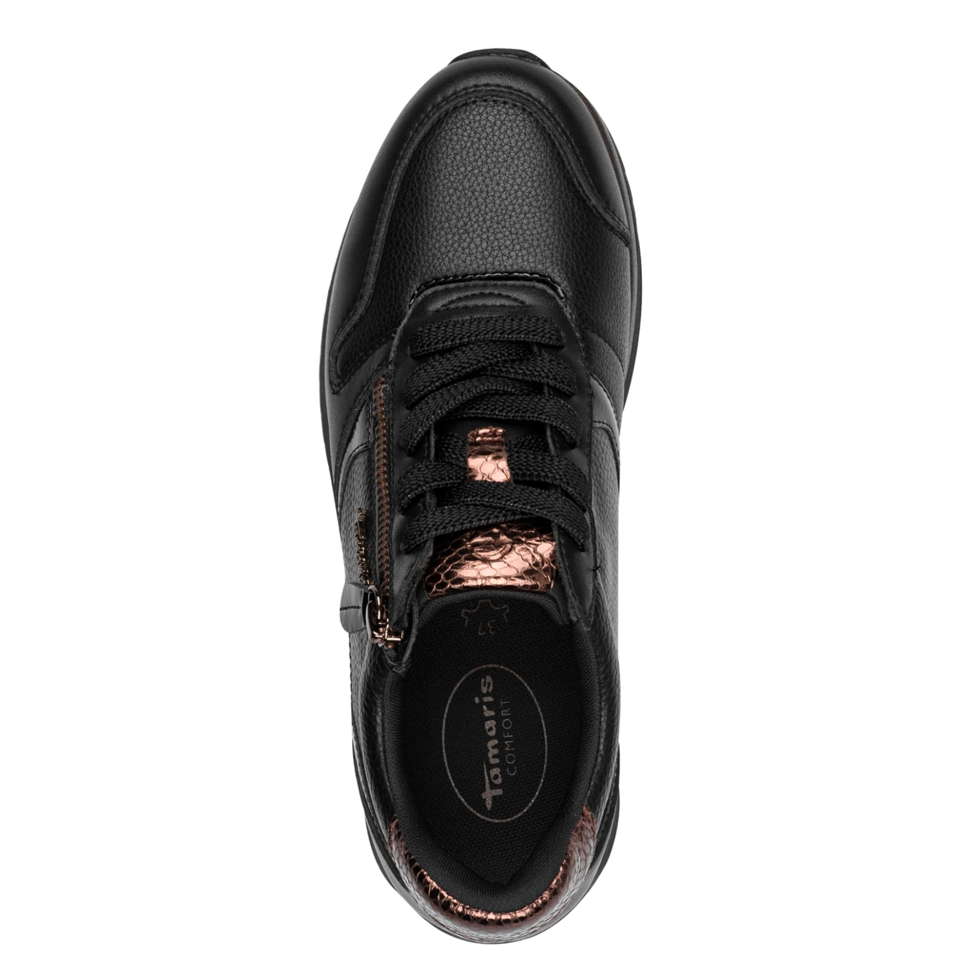 Tamaris Comfort Mona Sneakers in Black/Copper, vue de dessus (SKU 8-83734-46--099)