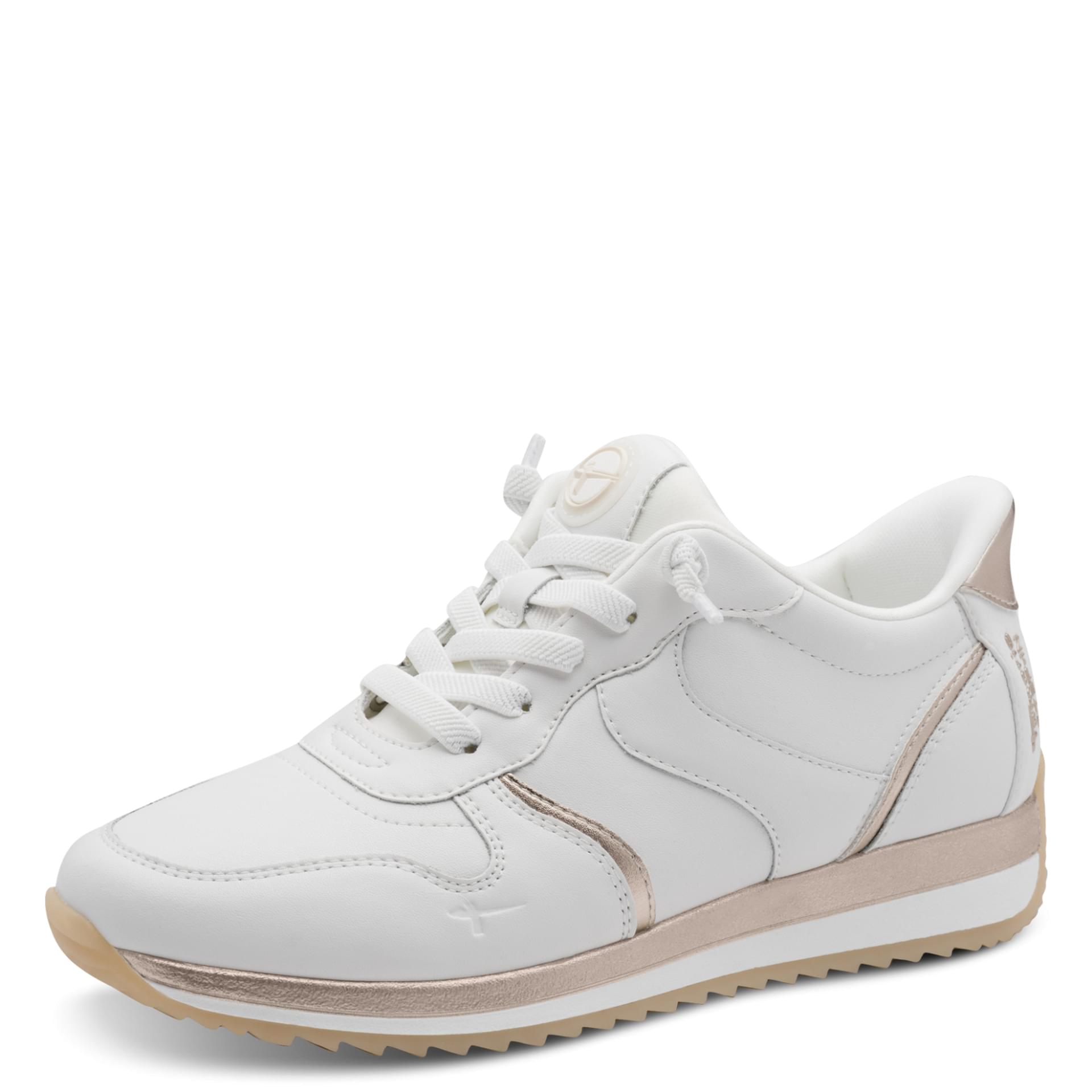 Tamaris Comfort Mona Sneakers in White/Gold, driekwartaanzicht (SKU 8-83735-46--196)