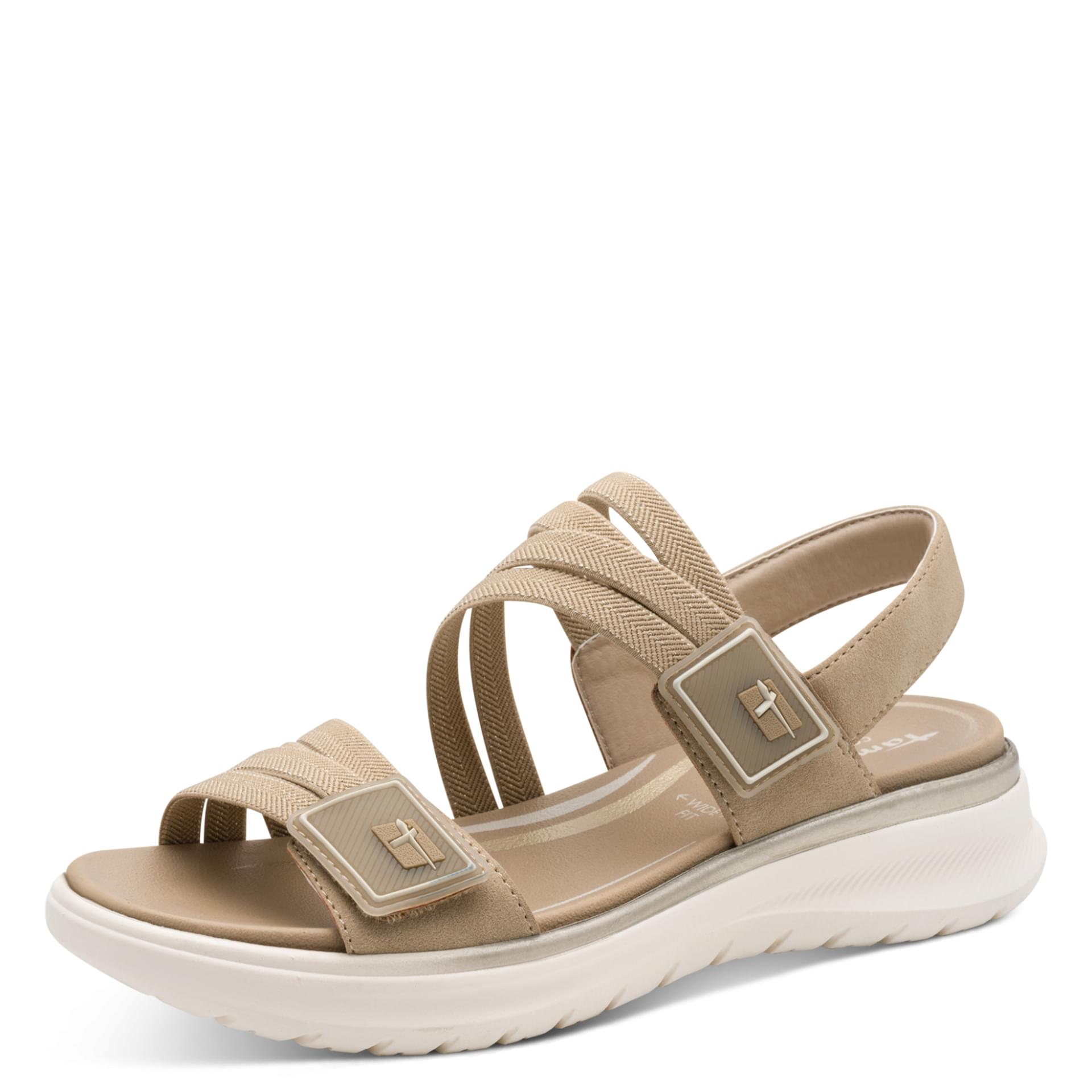 Tamaris Comfort Polly Sandalen in Beige/Gold, driekwartaanzicht (SKU 8-88734-46--499)