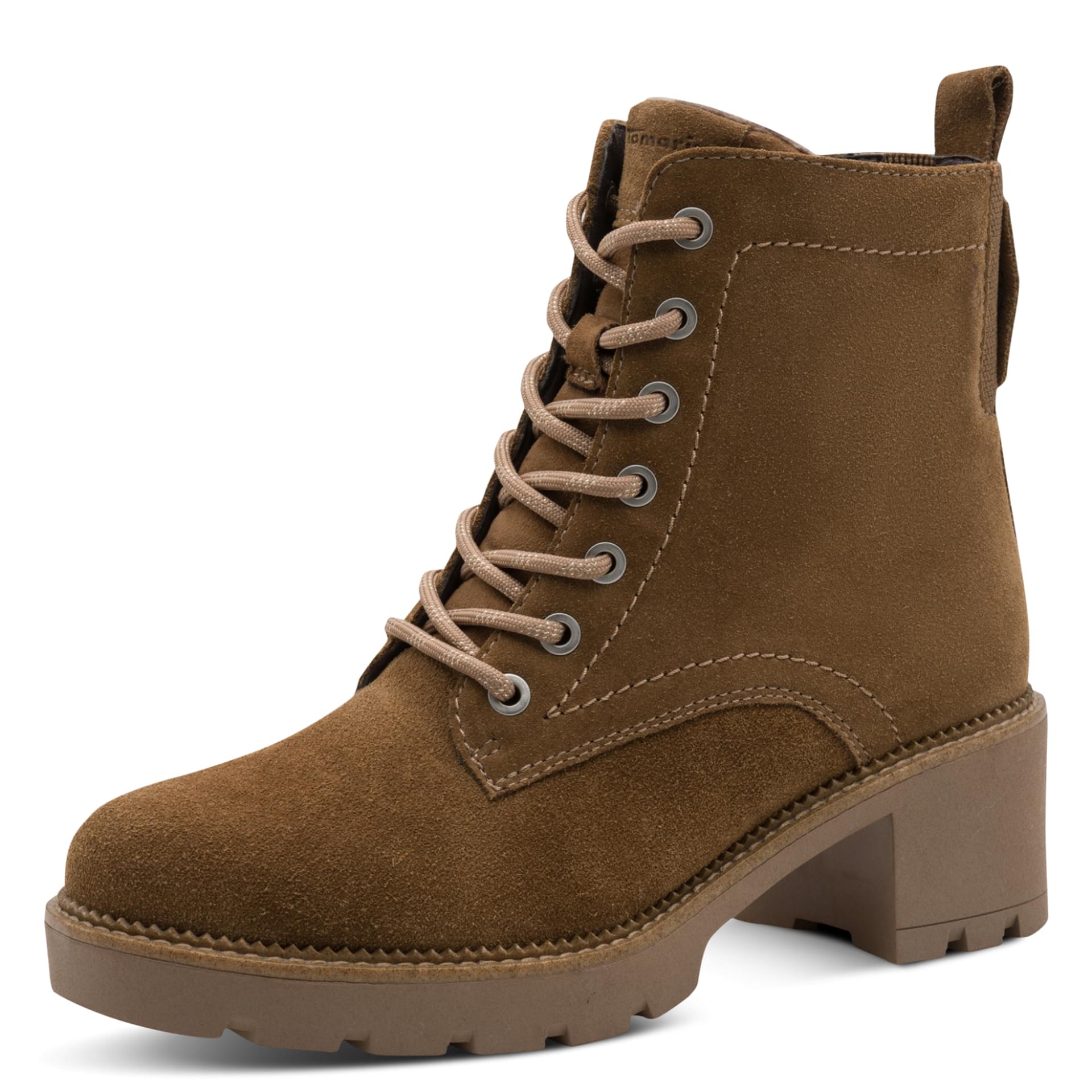 Tamaris Comfort Sophia Enkellaarsjes leer in Cappuccino, driekwartaanzicht (SKU 8-85101-45--365)