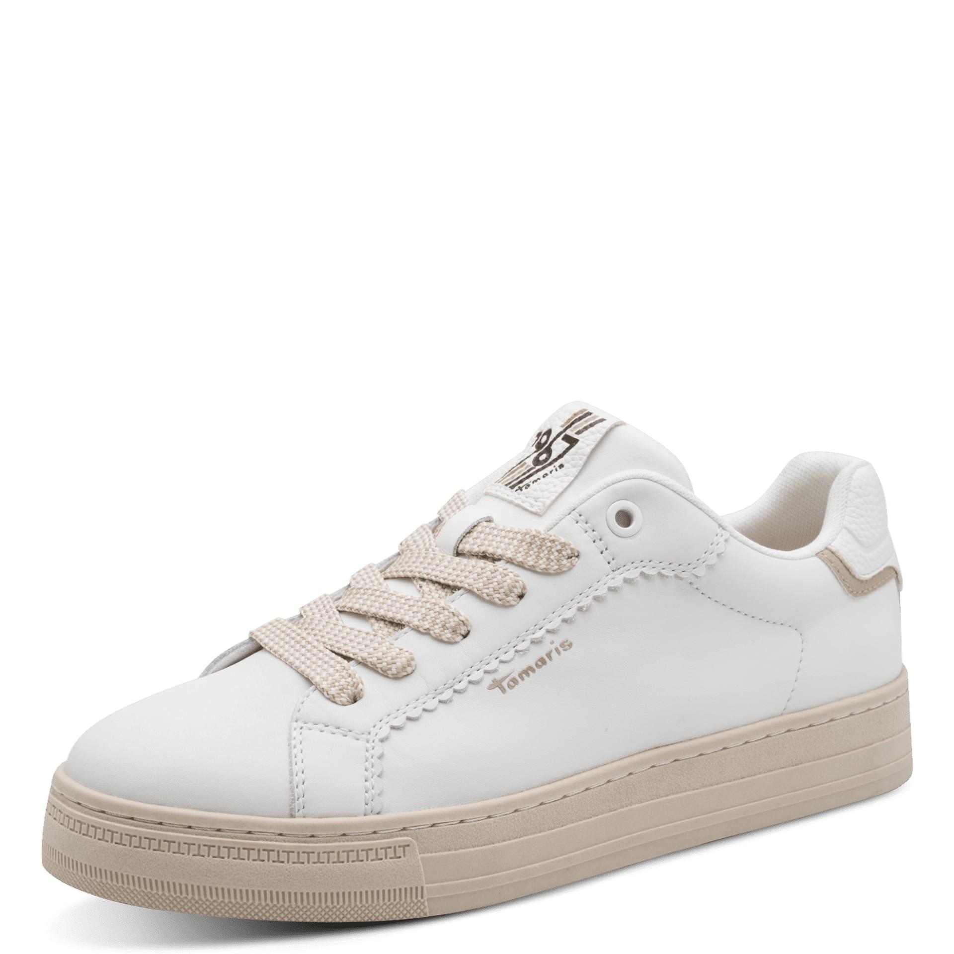 Tamaris Alexia Baskets in White Leather, vue trois-quarts (SKU 1-23730-47--117)
