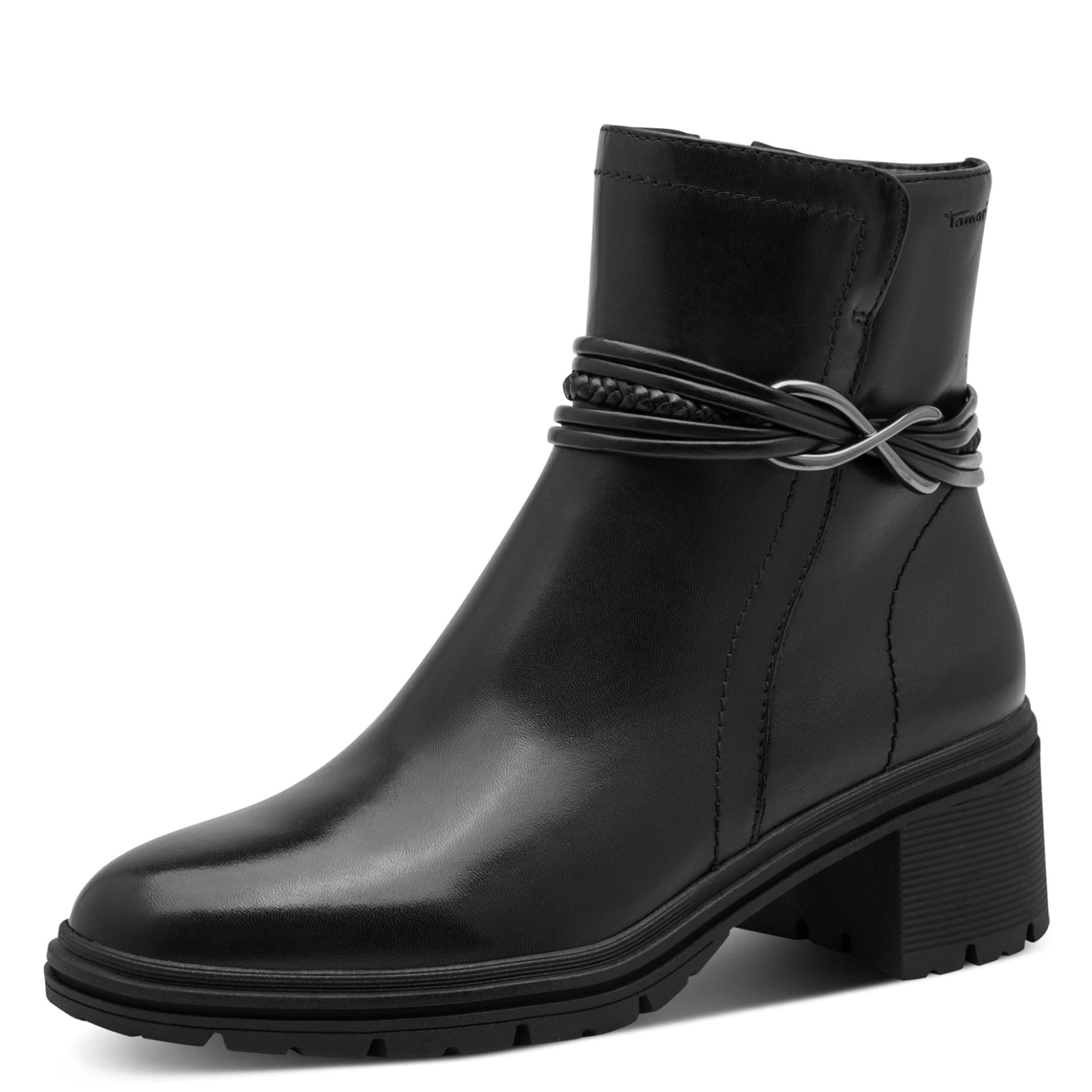 Tamaris Carolin Enkellaarsjes leer in Black, driekwartaanzicht (SKU 1-25492-47--001)
