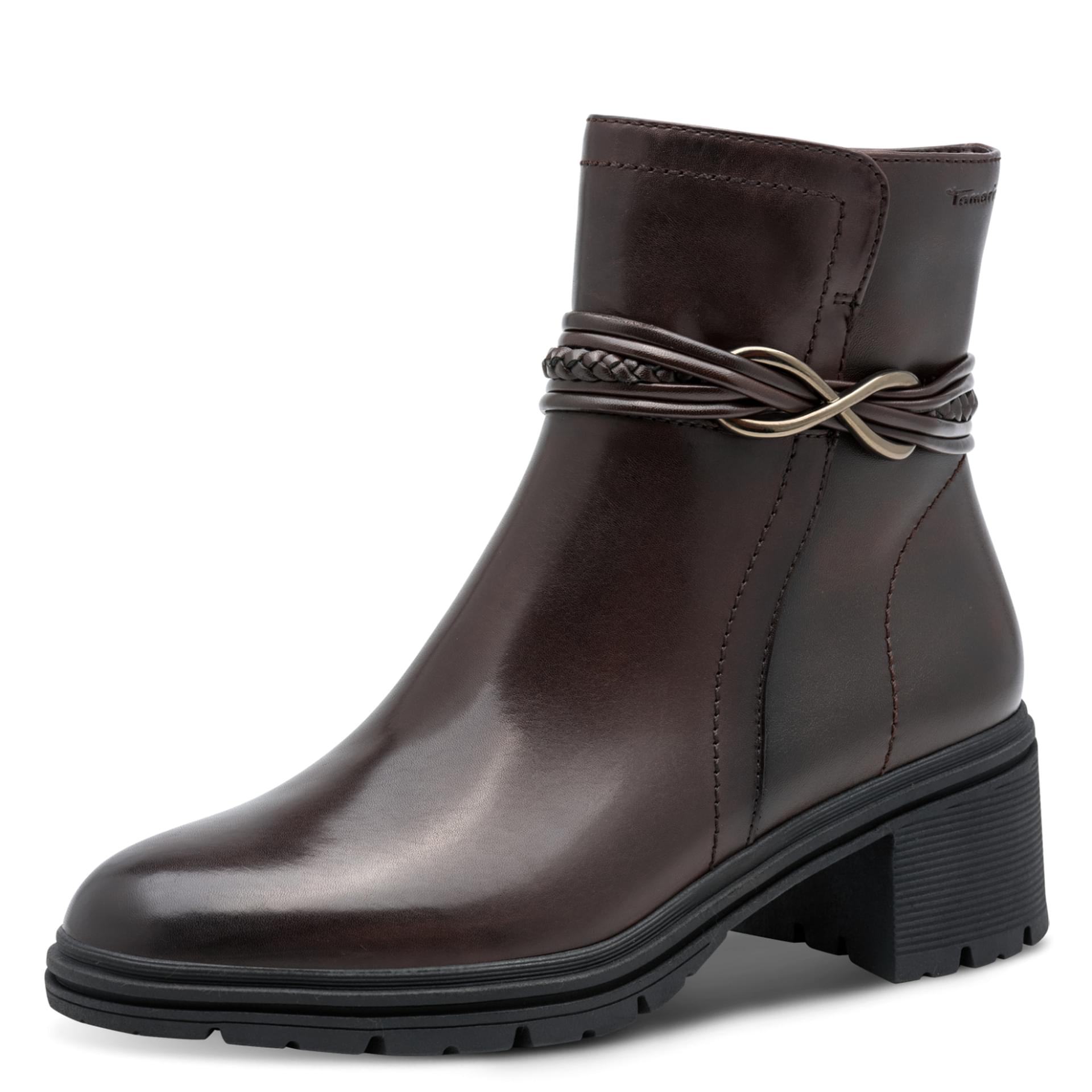 Tamaris Carolin Enkellaarsjes leer in Mocca, driekwartaanzicht (SKU 1-25492-47--304)