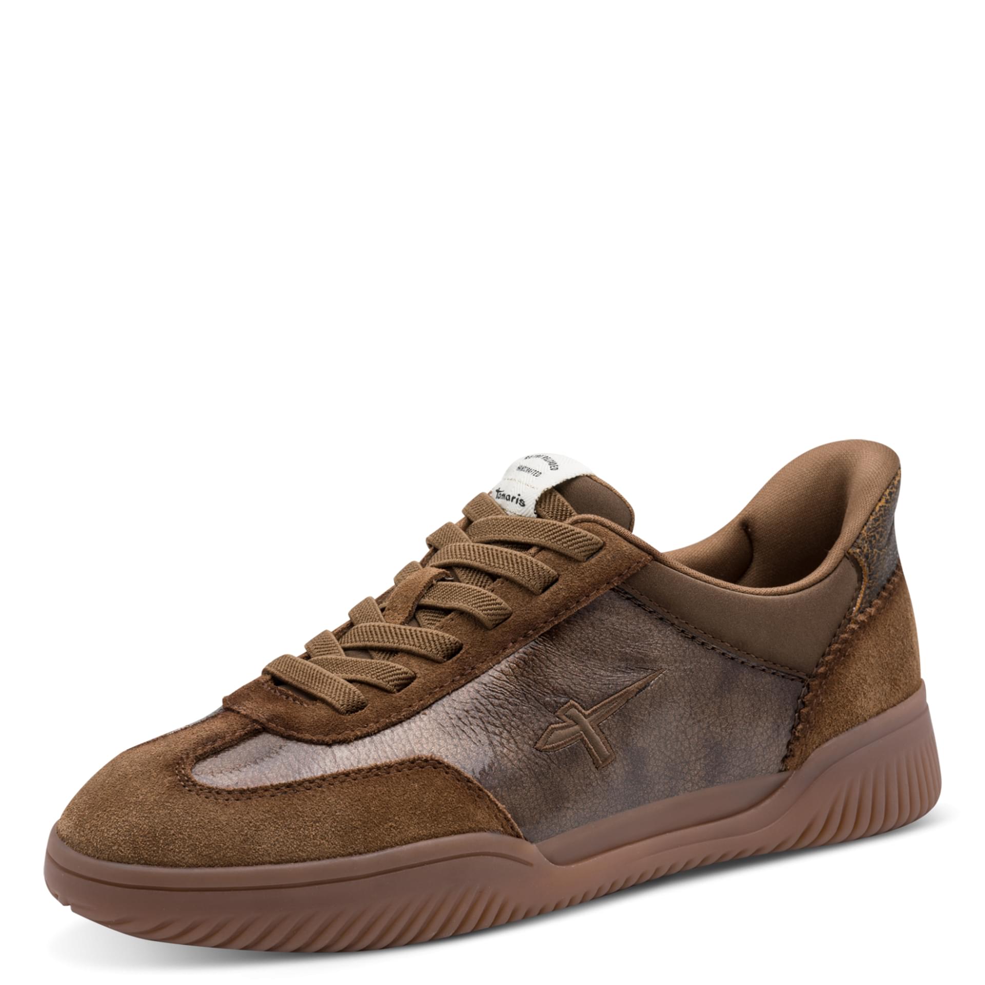 Tamaris Fair Sneakers in Camel Patent, driekwartaanzicht (SKU 1-23655-47--319)