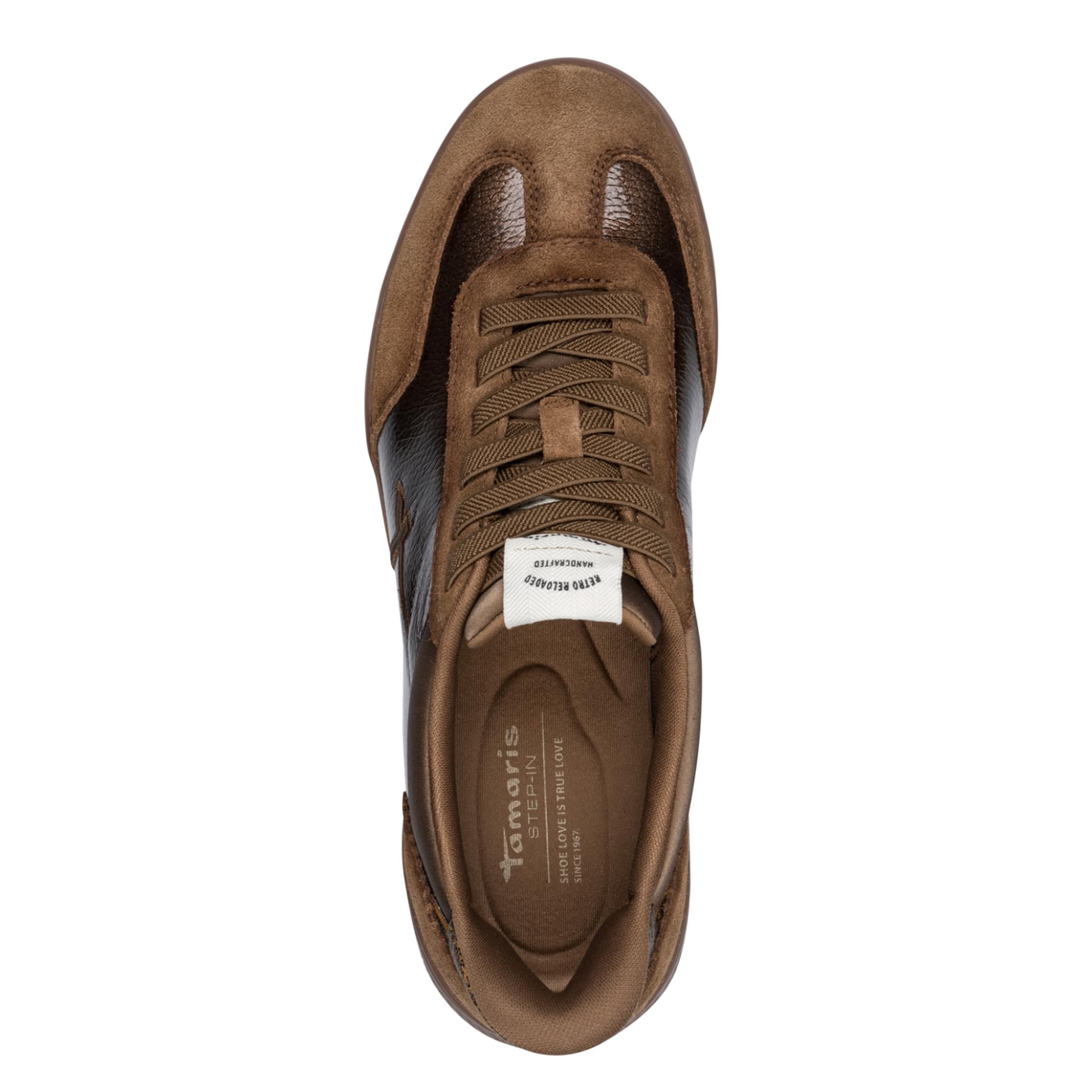 Tamaris Fair Sneakers in Camel Patent, bovenaanzicht (SKU 1-23655-47--319)