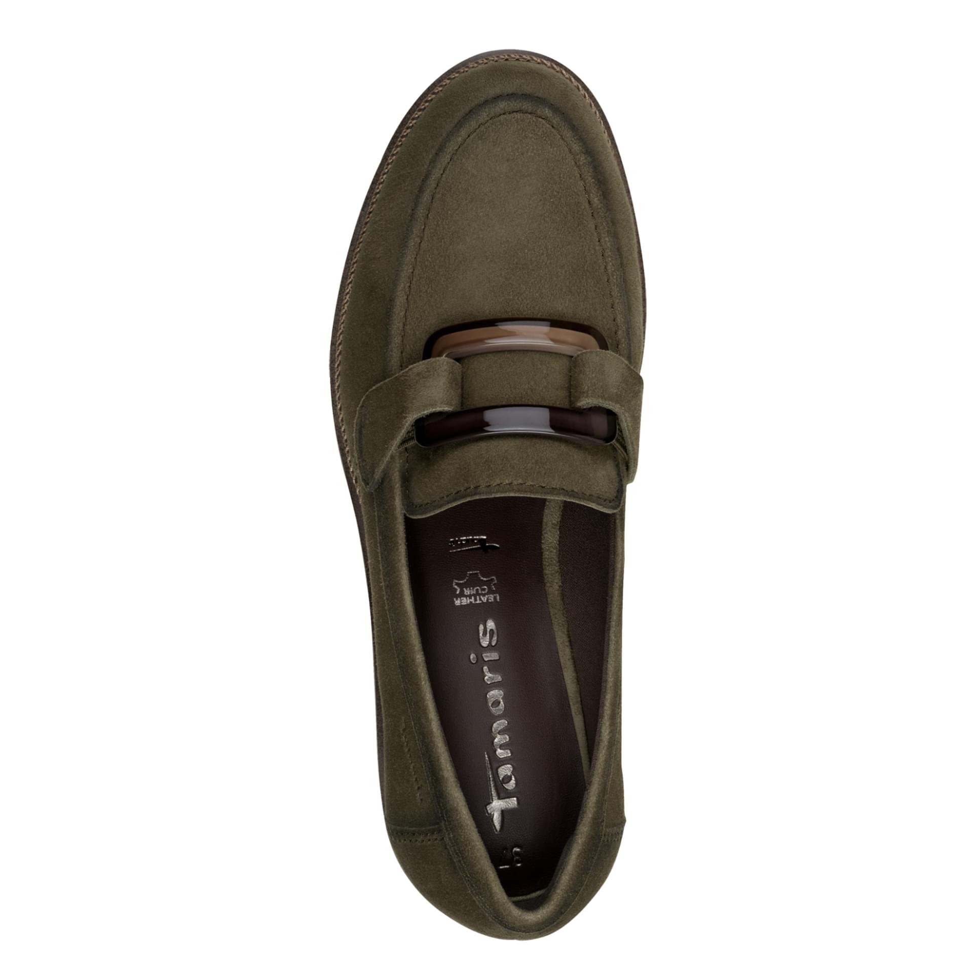 Tamaris Flora Loafers leer in Olive, bovenaanzicht (SKU 1-24722-43--722)