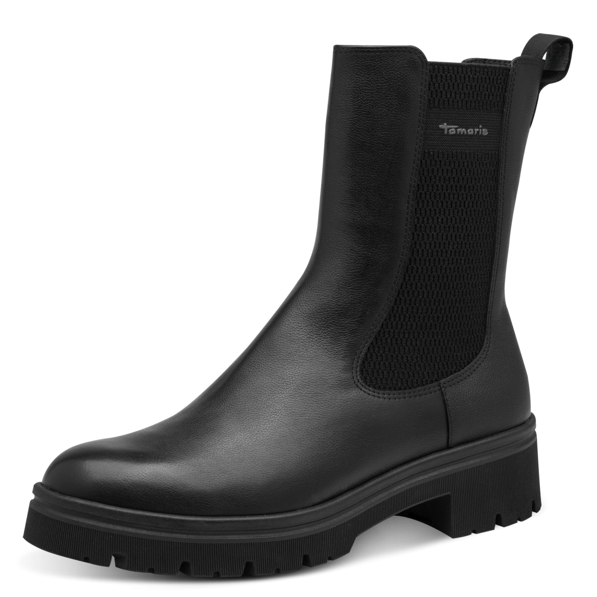 Tamaris Foteini Chelsea Boots leather in Black, three-quarter view (SKU 1-25457-47--001)