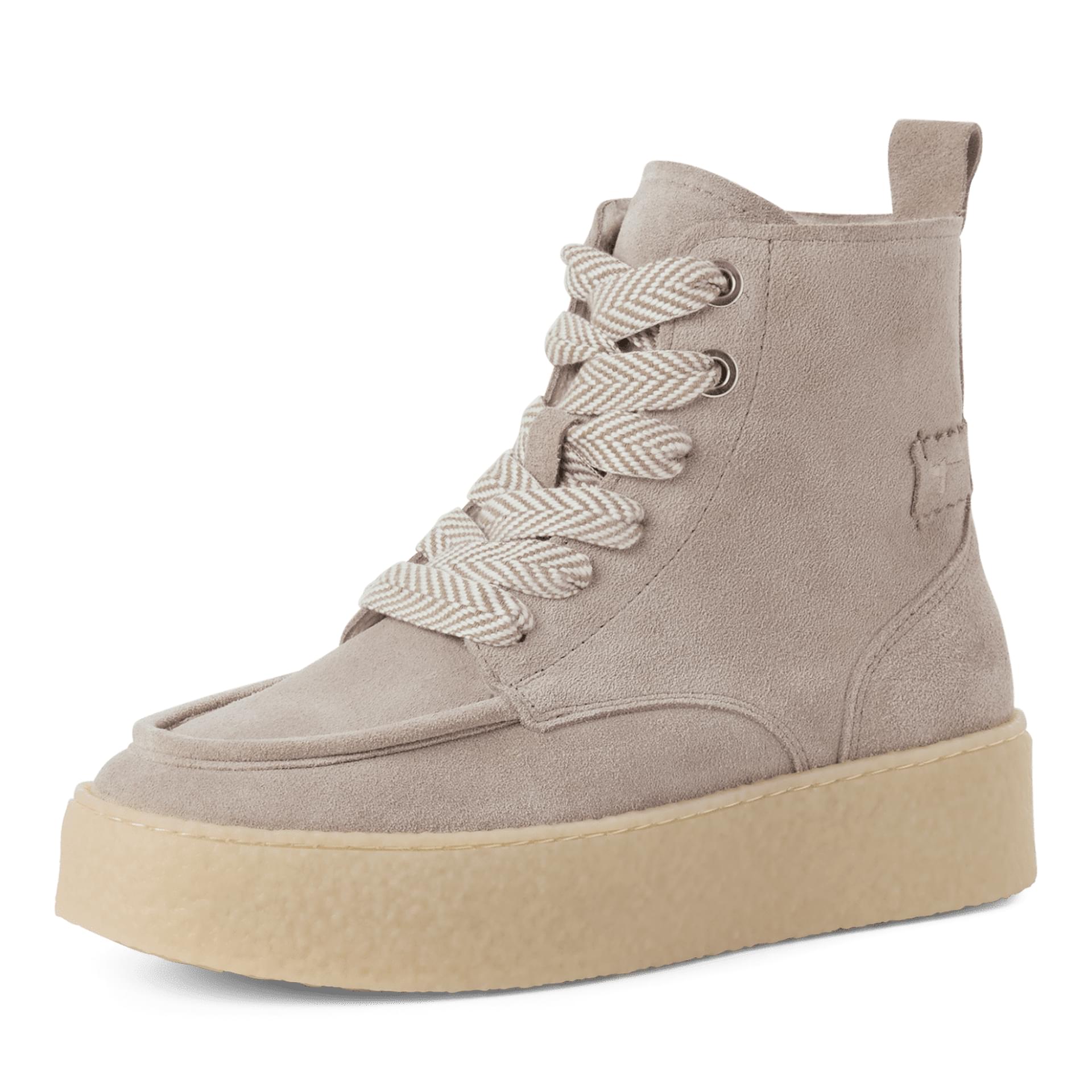 Tamaris Ika Enkellaarsjes leer in Light Taupe, driekwartaanzicht (SKU 1-25200-47--377)