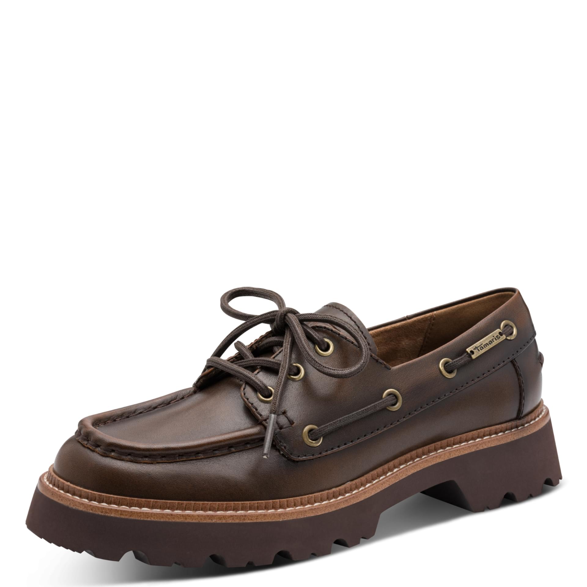 Tamaris Melvaria Veterschoenen leer in Mocca Leather, driekwartaanzicht (SKU 1-23752-47--366)