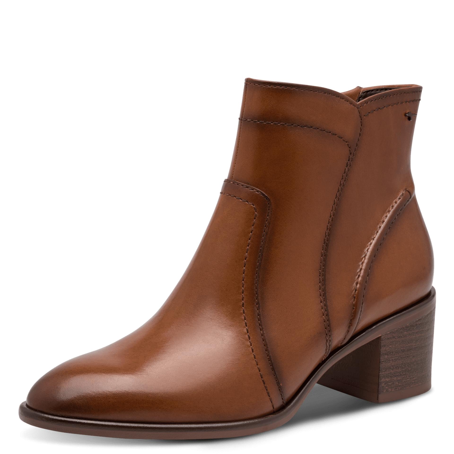 Tamaris Rudinia Ankle Boots in Cognac Leather, three-quarter view (SKU 1-25313-47--348)