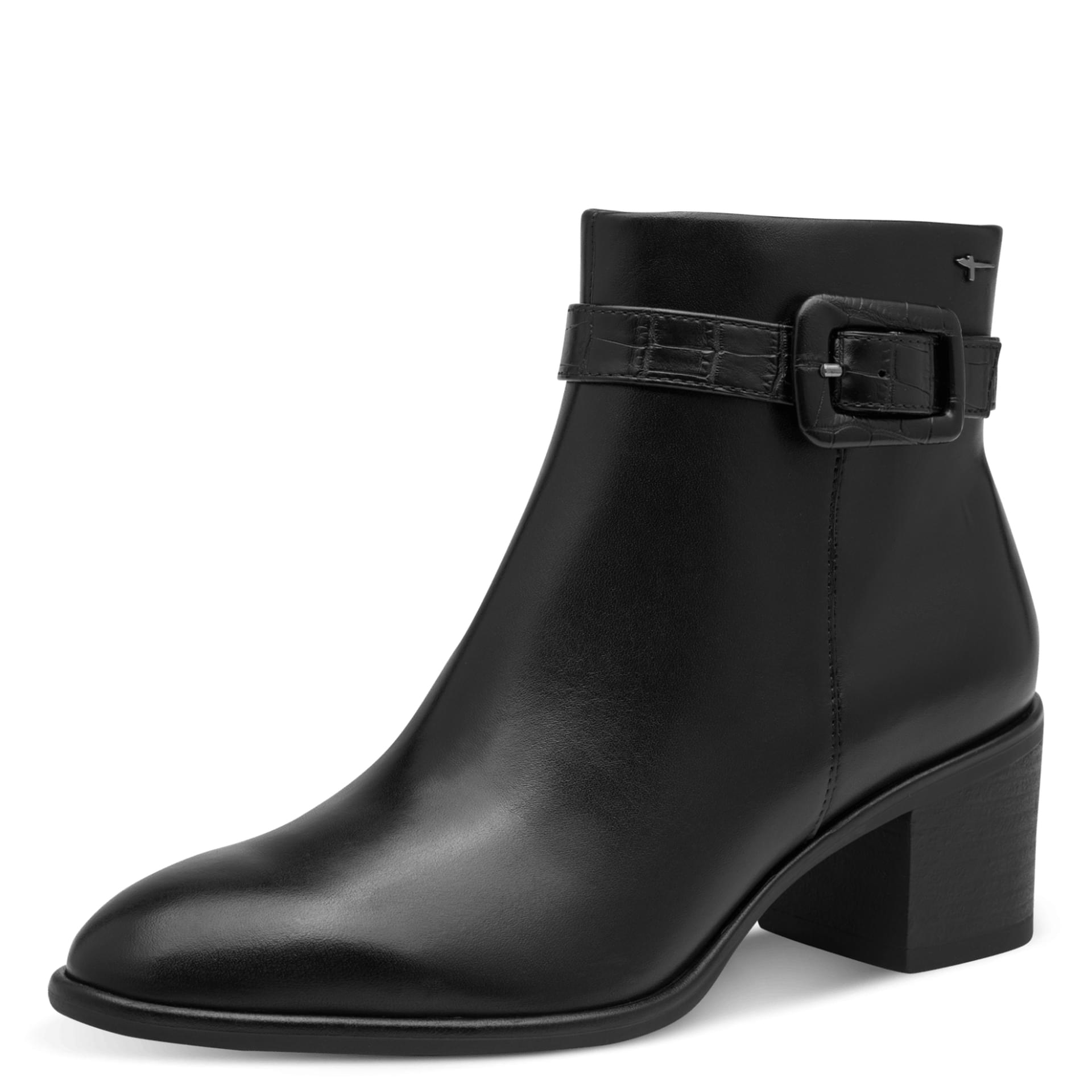 Tamaris Rudinia Enkellaarsjes leer in Black Leather, driekwartaanzicht (SKU 1-25376-47--003)