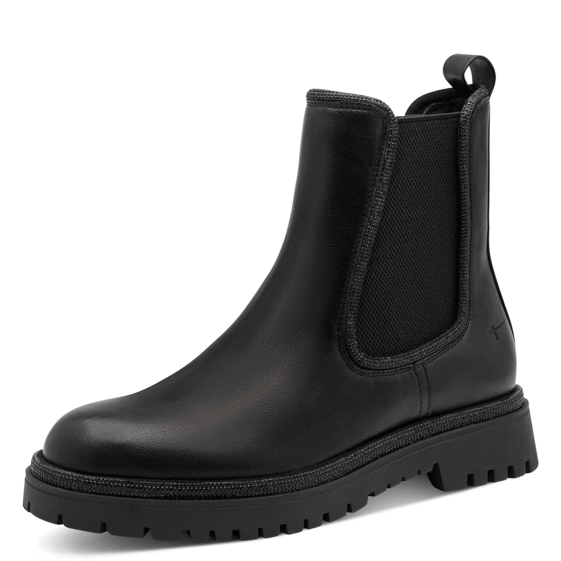 Tamaris Sabrina Chelsea Boots in Black Glam, driekwartaanzicht (SKU 1-25477-47--043)