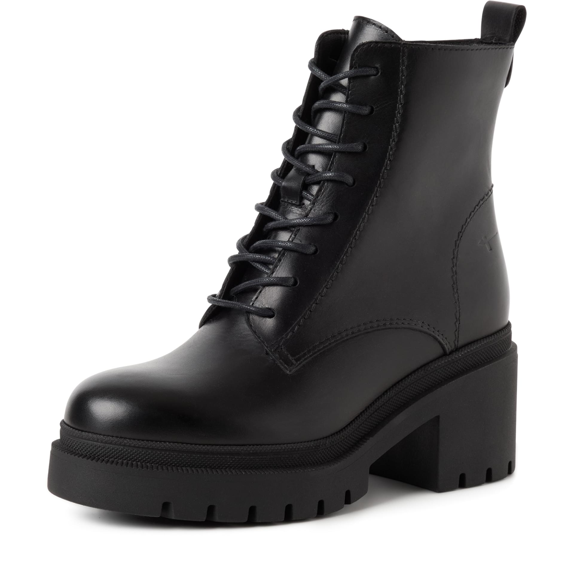 Tamaris Telsa Enkellaarsjes leer in Black, driekwartaanzicht (SKU 1-25275-45--001)