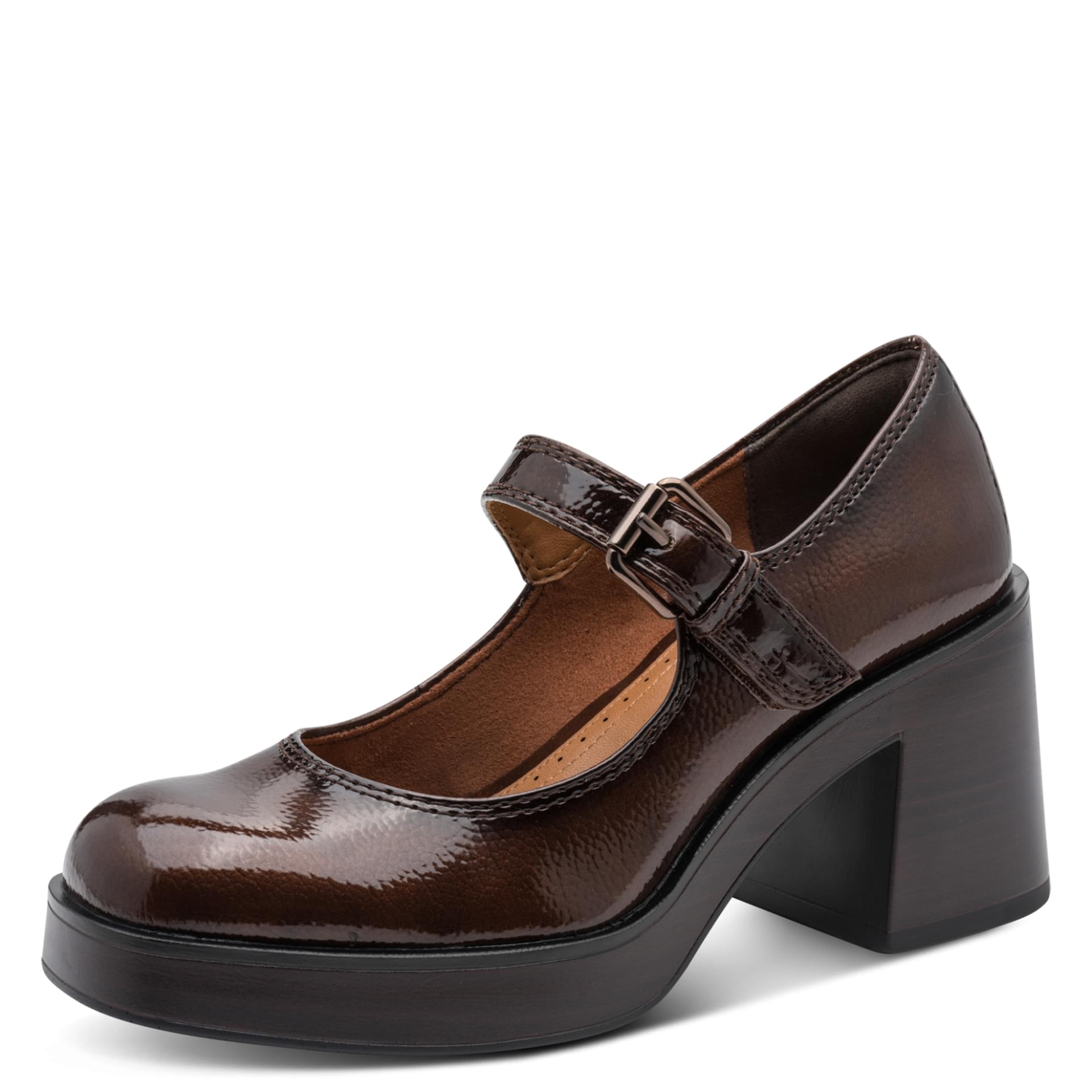 Tamaris Vicenza Heels in Brown Patent, three-quarter view (SKU 1-22409-45--359)