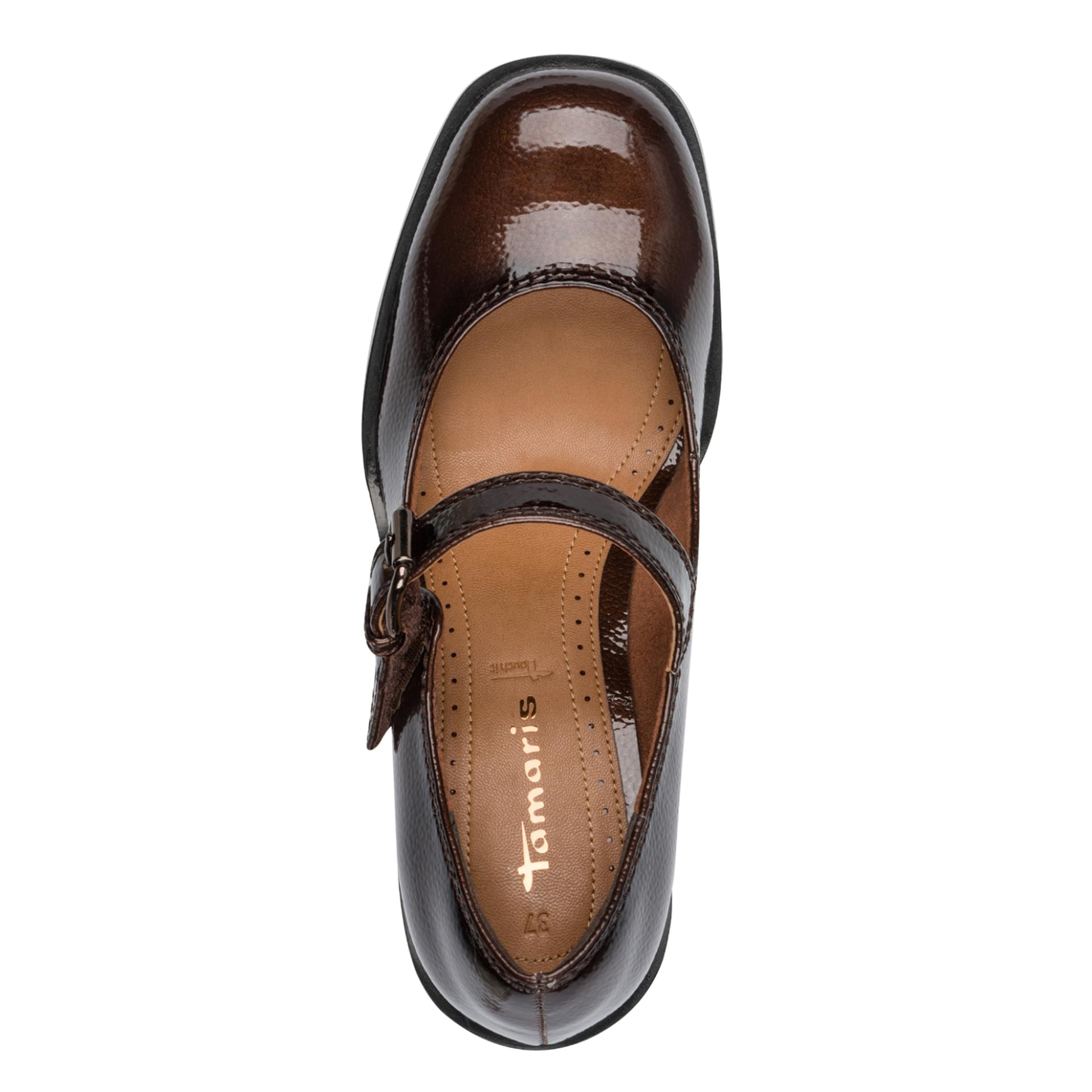 Tamaris Vicenza Heels in Brown Patent, top view (SKU 1-22409-45--359)