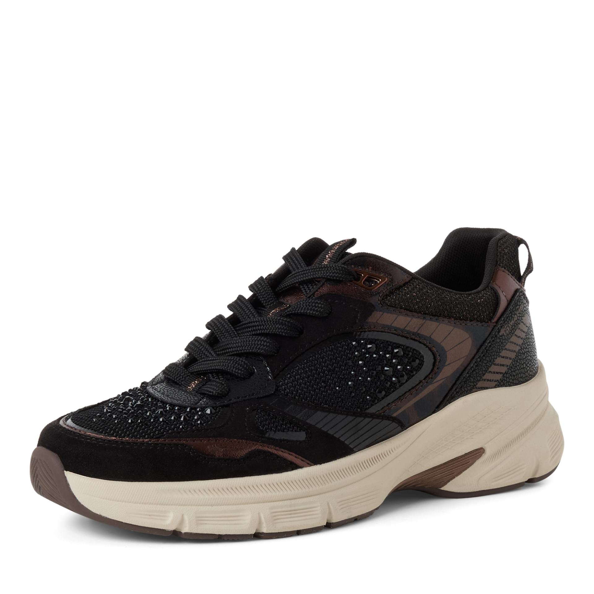 Tamaris Zera Sneakers in Black Glam, three-quarter view (SKU 1-23799-47--043)
